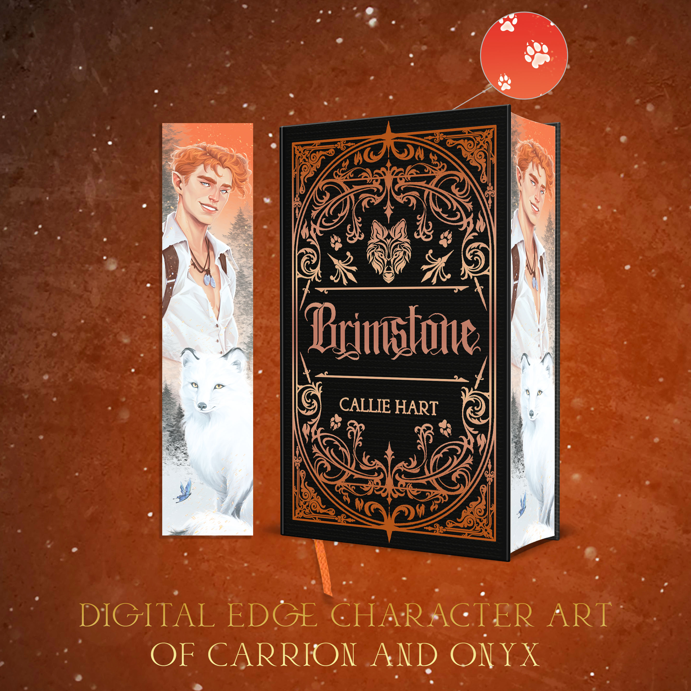 Pack shot of Brimstone, black boards with gold foil gothic design, sprayed edges showing Carrion and Onyx Character art and fox print top and bottom design